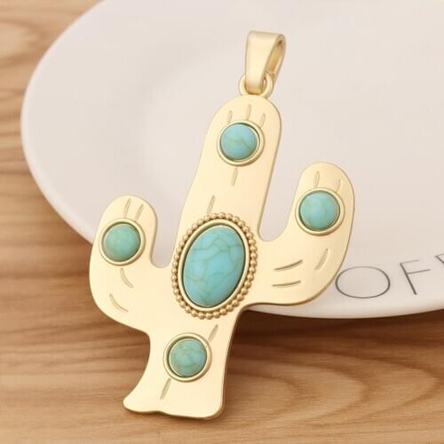 2 Pieces Matte Gold Large Cactus & Faux Turquoise Stone Charms Pendants for Necklace Jewellery Making 90x56mm