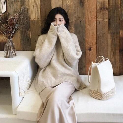 Oversized Knitted Pullovers Casual Jumpers Women Autumn Winter Round Collar Variegated Pink Alpaca Sweater Full Sleeve
