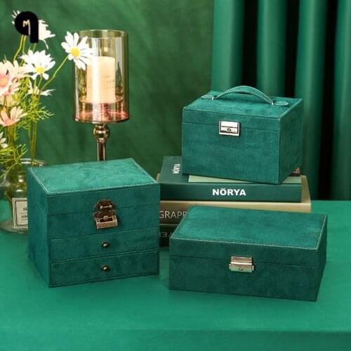 QM Portable Big Space Green Jewelry Organizer Ring Earring Necklace Makeup Holder Case Hot Sale Velvet Jewelry Storage Box Women