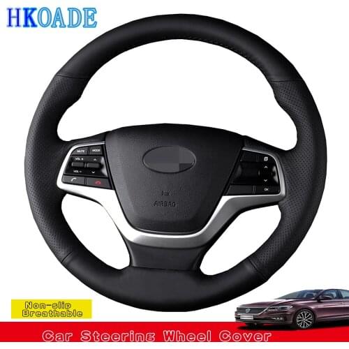 DIY Hand-stitched Black Soft Genuine Leather Car Steering Wheel Cover For Hyundai Elantra 4 2016-2019 Solaris 2017-2019 Accen
