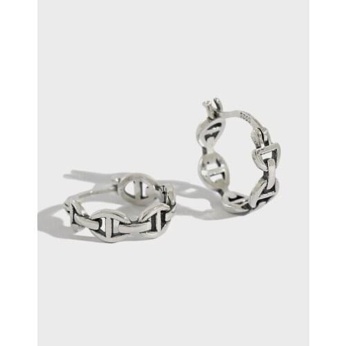 INS Retro Authentic 925 Sterling silver Vintage Chain Hoop Huggie Earrings Fine jEWELRY TLE746