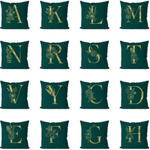 Light Luxury Dark Green Gold Letter Series Decorative Pillowcase Cushions for Sofa Polyester Pillowcover Decorative A-Z