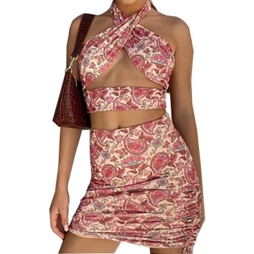 Floral Print Halter Sexy Backless Crop Top and Skirts 2 Piece Matching Set Dress Women Fashion Outfits Summer 2021 Womens Set