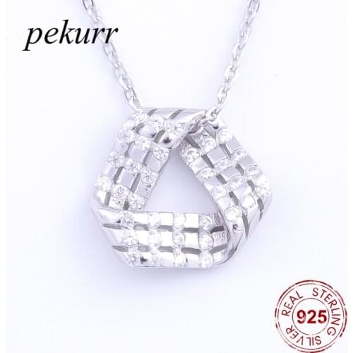 Pekurr Geometric Hollow Triangle 925 Sterling Silver 3D Fold CZ Ribbon Shape Necklace For Women Pandents Fine Jewelry Gifts
