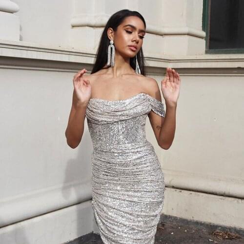 Babatique Fashion Strapless Split Silver Sequins Party Dress 2021 Sexy Women Elegant Designer Celebrity Sparkly Dress Vestido