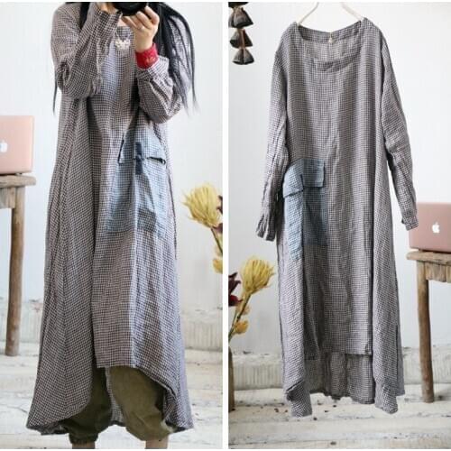 Women Spring Plaid Linen Dress Ladies Vintage Patchwork Pockets Dress Robes Female Plus Size Dresses 2019 Loose Dress 2019