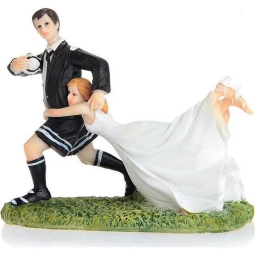 Free Shipping Cheering Bride and Soccer Loving Groom Figurine Cake Topper New Wedding Cake Decoration
