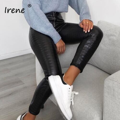 Irene Faux Leather Woman Pants Sexy Bodycon Club Street Wear Black Crocodile Pu Zipper Slim High Waist Pencil Pants Women Trouse