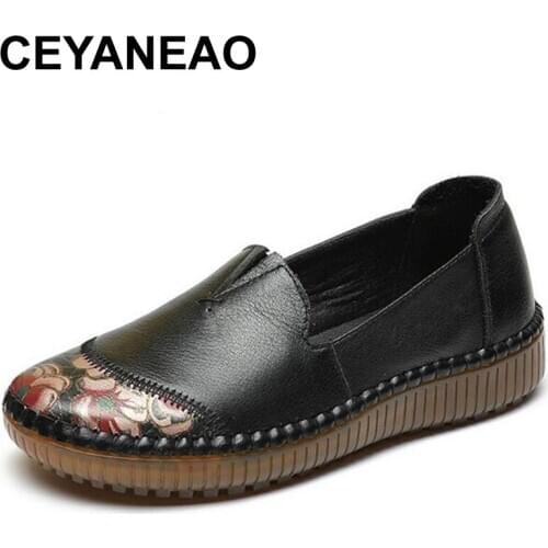 CEYANEAONew Autumn Classic Printing Spell Colors Women Shoes Fashion Flat Shoes Soft Sole Comfortable Ladies Shoes Genuine Leath