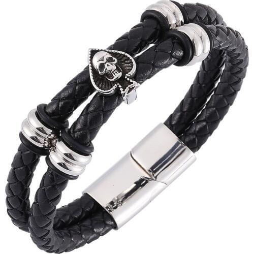 Punk Black Leather Braided Bracelet Men Skull Stainless Steel Magnetic Clasp Double Layer Fashion Wrist Band Gifts ST0327