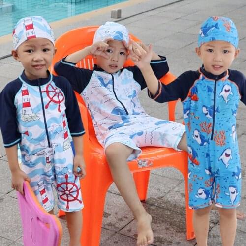 Childrens Swimsuit Boys One Piece Blue Short Sleeve Shark Hot Spring Wear Kids Beach Wear Swimwear 2020 Childrens Swimsuits