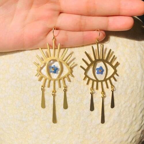 Eye Statement Earrings, Dangle Drops, Boho, Chic, Botanical, Florals, Geometric, Brass, Resin,Pressed Flower
