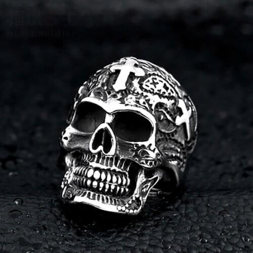Europe And The United States Hip-Hop Retro Punk Jewelry Wholesale Men Titanium Steel Gold Cross Carved Gaba Skull Ring