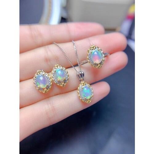 Hot natural opal gemstone necklace and earrings jewelry set including necklace ring earrings real 925 silver present chain gift