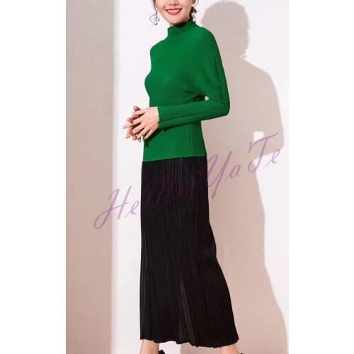 HOT SELLING Miyake fashion fold long-sleeved new sexy turtleneck solid T-shirt women IN STOCK