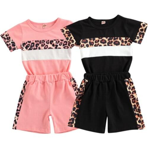 Fashion Toddler Kids Baby Girl Summer Clothes Set 2pcs Leopard Stitching Short Sleeve Tops T-shirt Shorts Outfits Set 1-6Y