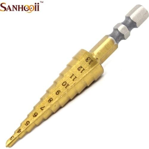 SANHOOII 1/4 inch Hex Shank Step Cone Drill Bit 3~13mm HSS 4241 & Titanium Drilling Tools For Electric Drill