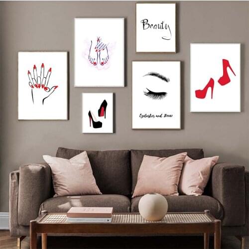 Red High Heels Fashion Poster Eyelash Lips Makeup Print Canvas Art Painting Nordic Wall Picture Modern Girl Room Home Decoration