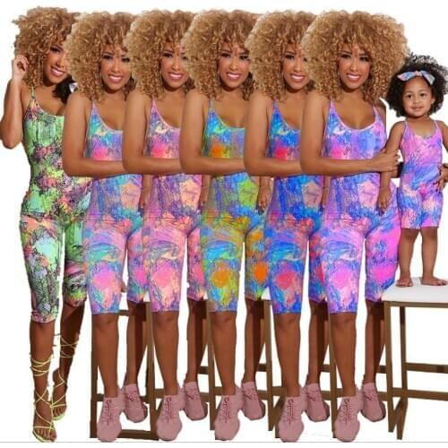 Summer Four Pieces Jumpsuits Sets Mother and Kids Printing Spaghetti U Neck Skinny Knee Length Playsuits Beach Holidays Outfits