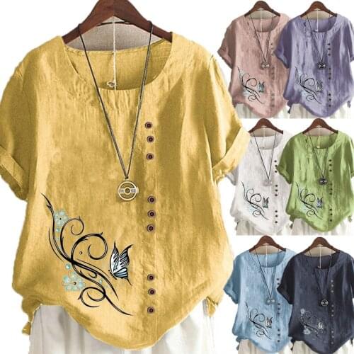 Summer Loose Womens New Fashion Floral Printed T-shirt Casual Round Neck Short Sleeve Solid Color Blouse Tops Plus Size