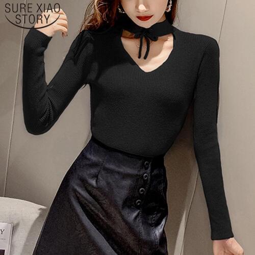 Autumn Winter 2021 New Knitted Women Shirts Slim Long Sleeve Sexy Womens Blouse with Neck Solid Sweater Casual Pullovers 6444 50