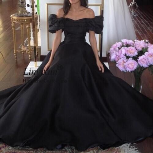Charming Black A Line Long Prom Dresses Sexy Off The Shoulder Puff Sleeve Formal Evening Dress for Special Occasion Custom Made