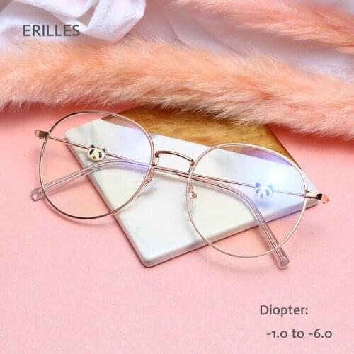 Lovely Panda Vintage Eyewear Men Anti Blue Light Myopia Glasses Women Round Myopia Lens Nearsighted Glasses Students 0 To -6.0