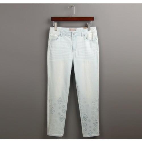 High wasit autumn women fashion straight style water wash geometric embroidery casual jeans