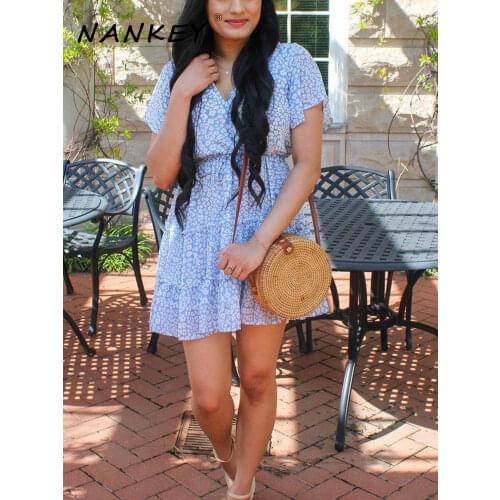 2021 Summer Women V Neck Short Sleeve Lace Chiffon Print Short Dress Holiday Idyllic Breeze Small Sweety Dress Casual Sundress