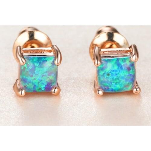 Cute Female 4MM Blue Opal Stone Earrings Charm Rose Gold Color Stud Earrings Dainty Bride Square Wedding Earrings For Women