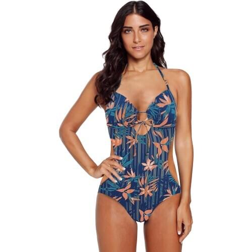 Black/Blue Printed Sweetheart Monokini One-Piece Swimsuit Women Sexy Summer Halter Vibe Bohemian-Print One Piece Swimsuit