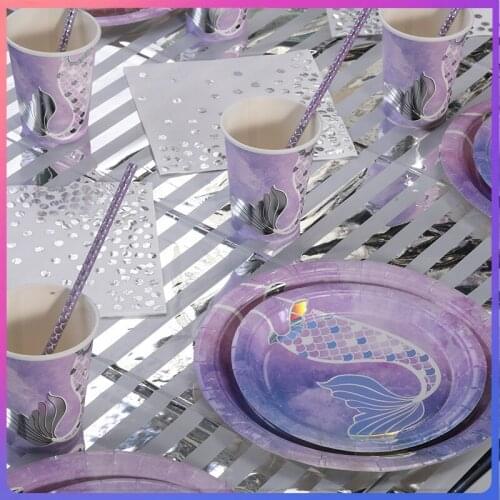 Mermaid Tail Tableware Include Dinner Dessert Plates Cups Napkins for Girls Birthday Baby Shower Disposable Mermaid Dinnerware