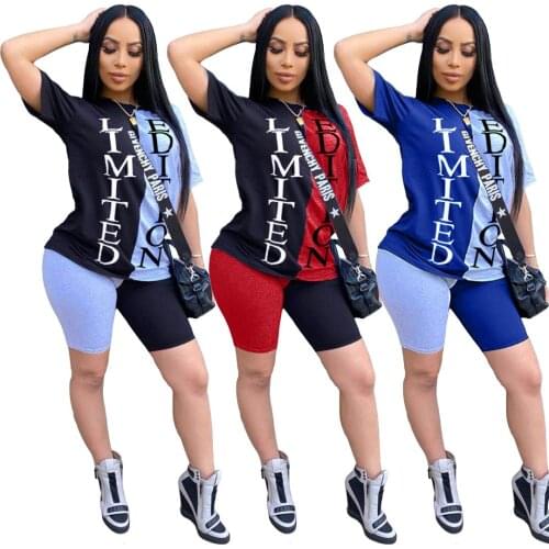 S-2XL 2021 Women Summer Clothing Sport 2 Piece Outfit Stitching Printing Short Sleeve Top And Shorts Set Wholesale Dropshipping