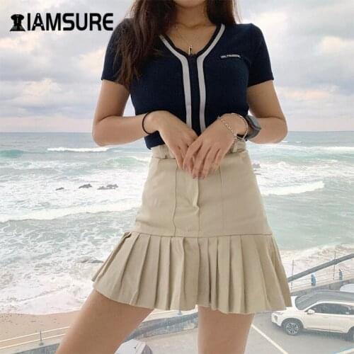 IAMSURE Korean New Fashion Pleated Skirts For Women Preppy Style Casual High Waist Solid Basic Female Mini Skirts Streetwear