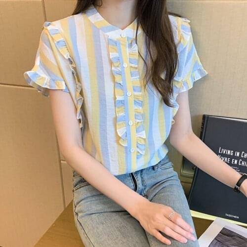 Shirt women 2020 summer Korean version of the new short-sleeved fungus lace contrast color stripes loose literary top women
