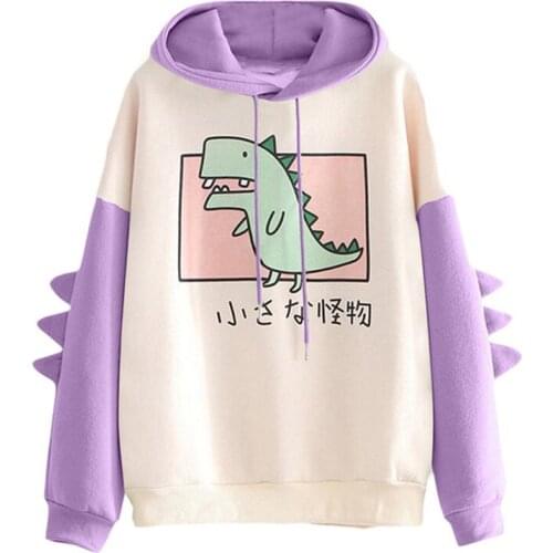 Women Fashion Spring And Autumn Dinosaur Oversized Cartoon Hoodie Sweatshirt Casual Print Thicken Splicing Sweatshirt
