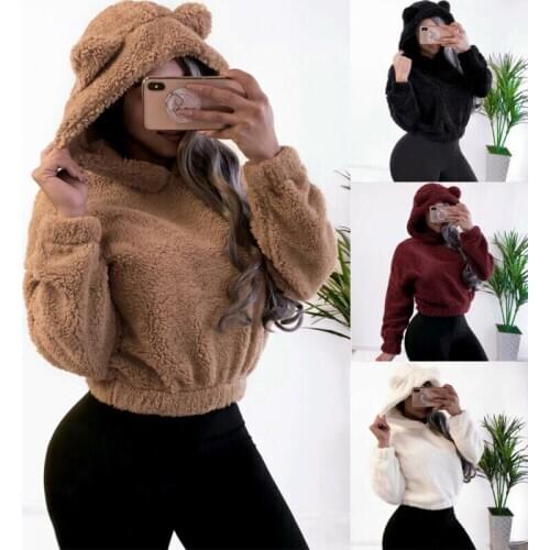 Women Long Sleeves Hooded Solid Color Plush Furry Short Tops Sweats Hoodies