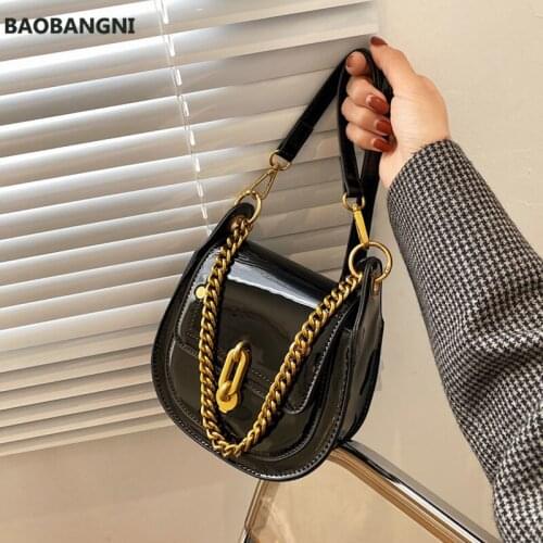 Women Crossbody Shoulder Bags Casual Saddle Bags For Women Metal Chain Handbag And Purse Bright Patent Leather Lady Bag
