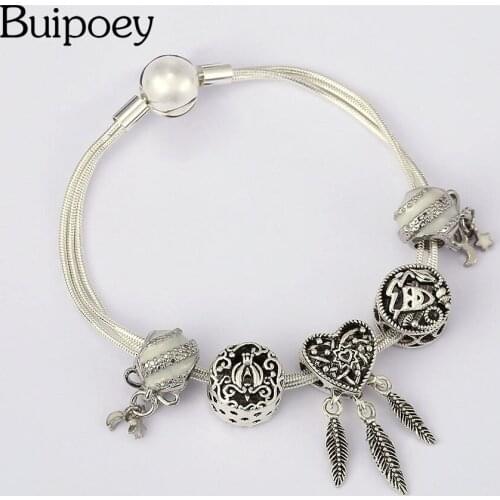 Buipoey New Multi Snake Chain Charm Bracelets For Women Original Heart Dreamcatcher Beaded Silver Color Bracelet Fashion Jewelry