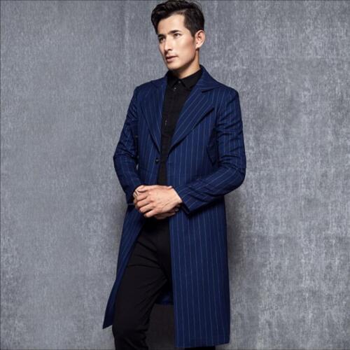 M-4xl Spring New British Wind Long Trench Coat Men Handsome Slim Blue Stripes Long Suit Collar Jacket Single-breasted Windbrea