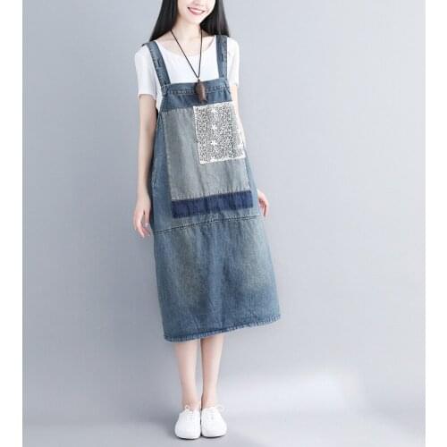 Elegant lace patchwork women dress sling loose plus size dresses denim casual streetwear vintage fashion washed women clothes