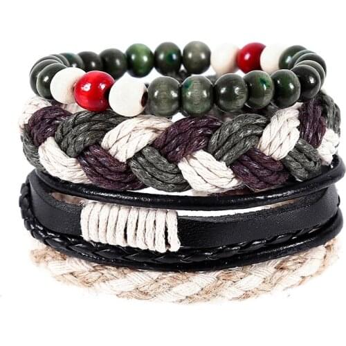 4pcs/set hippie punk black leather dark green beige cord knots wood beads Layers stackable wrap wide Bracelet Bangles for man