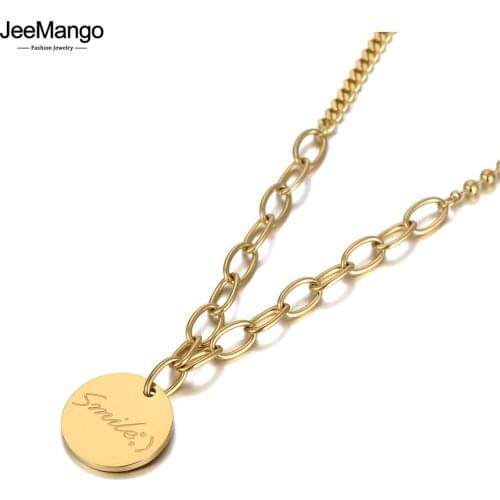 JeeMango 14K Gold Smile Tag Charm Pendant Necklace For Women Gilrs Trendy Stainless Steel Bohemia Party Chain Necklace JN20148