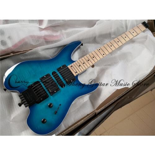 Free shipping custom headless guitar,blue guitar,flamed maple veneer, fixed bridge,HSH pickups,black buttons