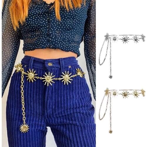 Gothic Punk Women Girls Skinny Belt Vintage Harajuku Bohemian Metal Sun Pendant Charm High Waist Chain Beach Party Body F42F