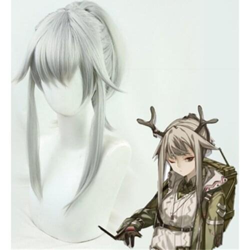 Game Arknights Firewatch Cosplay Long Silver Gray Ponytail Wig Heat Resistant Synthetic Hair Halloween Carnival Party + Free NET