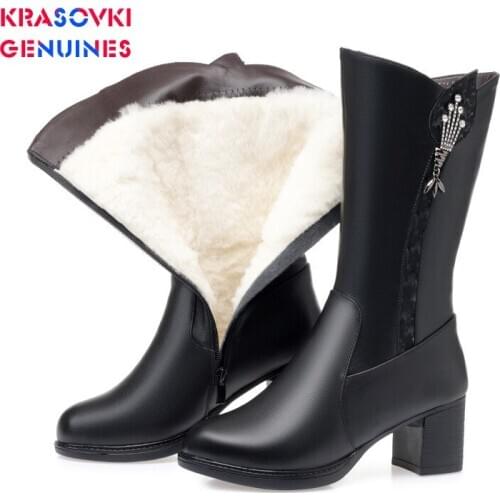 Krasovki Genuines Wool Women Snow Boot Genuine Leather Zipper Fur Warm Shoes Plush Ankle Boots Causal Fashion Women Winter Boots