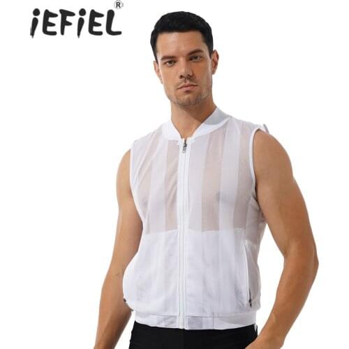 Men Sleeveless See-through Mesh Patchwork Jacket Tops Zipper Front Vest Tops Outdoor Golf Casual Lingerie Tank Travel Waistcoat