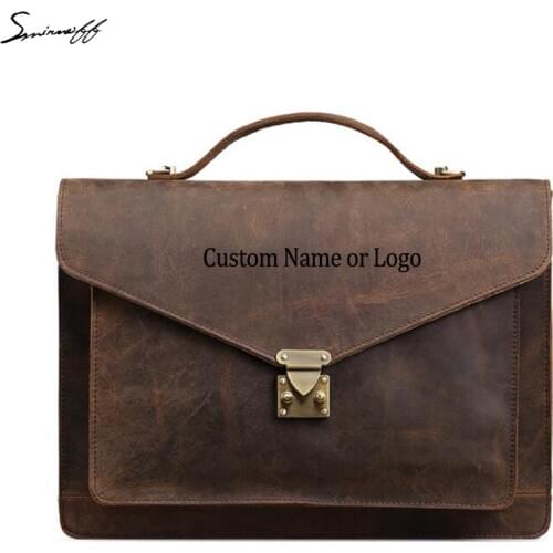 Fashion Mens Leather Briefcases Business Genuine Leather Laptop Bags Male engrave Name Hasp Cover Shoulder Bags Men Handbag