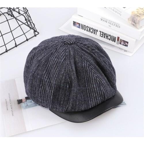 Mens Wool Belend Cashmere Knitted Fabric Hats Newsboy Caps Patchwork Genuine Sheepskin Leather Beret hat